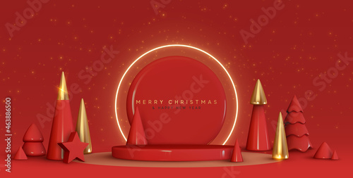 Christmas and New Year festive red round podium studio with realistic 3d cone trees, neon lights. Modern Creative holiday template. Xmas winter composition. Banner and web poster, cover and brochure