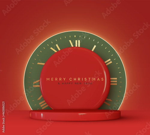 Christmas and New Year festive red round podium studio realistic 3d design, neon lights. Modern Creative holiday template. Xmas winter composition. Banner and web poster, cover and brochure