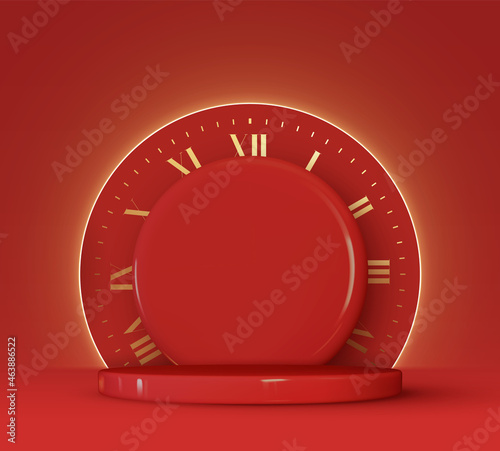 Christmas and New Year festive red round podium studio with realistic 3d design, neon lights. Modern Creative holiday template. Xmas winter composition. Banner and web poster, cover and brochure