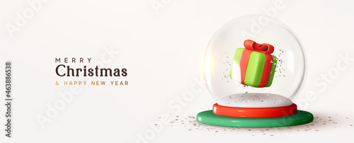 Christmas Banner. New Year Glass snow round ball, with gift box. Festive round podium studio. Realistic 3d design. Creative holiday template. Xmas winter composition. Web poster, header for website