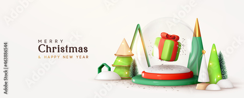 Christmas Banner. New Year Glass snow round ball, with gift box. Festive round podium studio. Realistic 3d cone tree. Creative holiday template. Xmas winter composition. Web poster, header for website