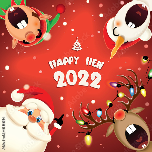 Santa Claus,Snowman,Elf and decorated Reindeer with luminous electric garland singing Christmas carol in the winter snow scene,text Happy New 2022