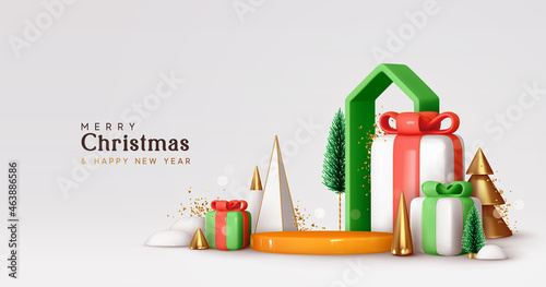 Christmas and New Year festive round podium studio. Realistic 3d design, cone trees, gift box and house. Creative holiday template. Xmas winter composition. Banner and web poster, cover, brochure