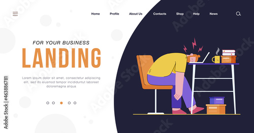 Tired man sleeping on laptop keyboard flat vector illustration. Cartoon exhausted male character on work. Professional burnout syndrome, tiredness and overload concept