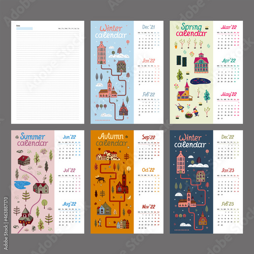 Diary divider sheet template with 2022 calendar. Seasons. Illustrations with cozy landscapes and European houses.