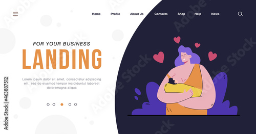 Happy loving mother breastfeeding her baby flat vector illustration. Cartoon newborn eating milk from breast and sleeping on mom arms. Maternity and motherhood concept