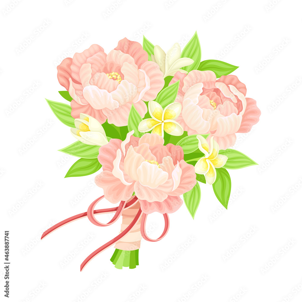 Wedding Bunch of Flowers Tied with Silk Ribbon Closeup Vector Illustration