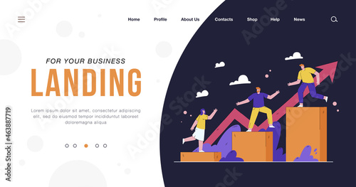 Leadership and teamwork concept. Team leader helping employees wot walk upstairs. Employees giving hands to each others and climbing on top of growing diagram