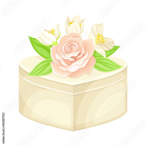 Wedding Gift Box with Floral Decor on Top Closeup Vector Illustration