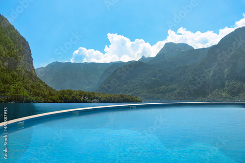 Photography Outdoor swimming pool at luxury resort and beautiful view of mountains on sunny