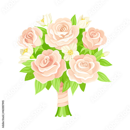 Wedding Bunch of Flowers Tied with Silk Ribbon Closeup Vector Illustration