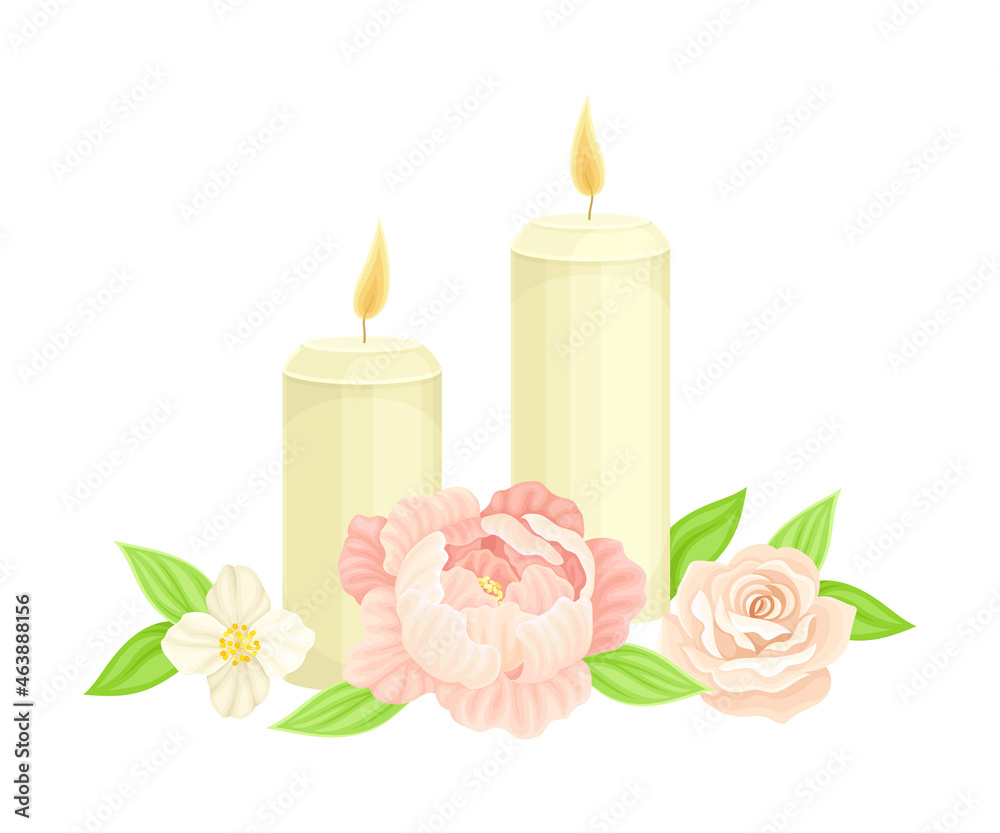 Burning Candle and Showy Flower as Wedding Composition Closeup Vector Illustration