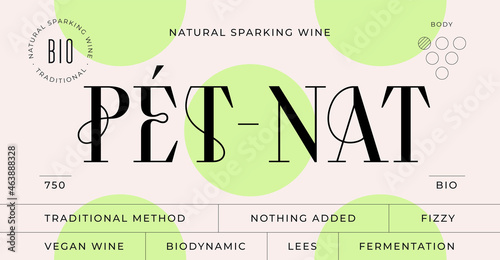 Minimal Label. Set of modern wine tag, label for brand, logo, sticker winery. Template design minimal label, tag or card with text modern font Pet-Nat Wine. Typographic wine tag. Vector Illustration