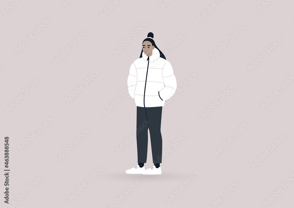 A young female Asian character wearing a winter puffer down jacket, modern lifestyle