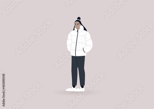 A young female Asian character wearing a winter puffer down jacket, modern lifestyle