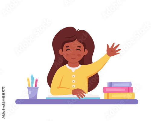 Girl raising hand to answer. Child sitting at a desk with school supplies. Elementary school student. Vector illustration