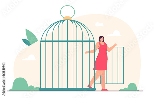 Young beautiful woman coming out of open birdcages door. Depressed person leaving jail in form of cage flat vector illustration. Freedom, violence, mental health, new opportunities concept