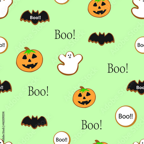 Halloween ghost, pumpkin, bat, Boo, cookies cute seamless repeat pattern with green background