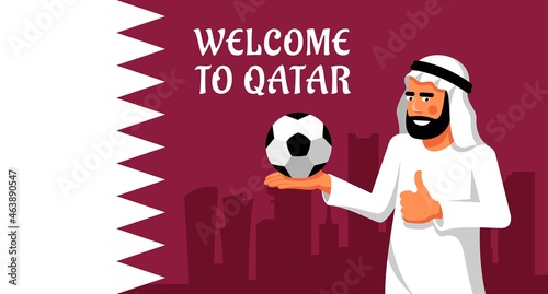 Middle eastern football. Soccerl world championship in Qatar. Arab man with football ball on Qatar flag background. Vector illustration.
