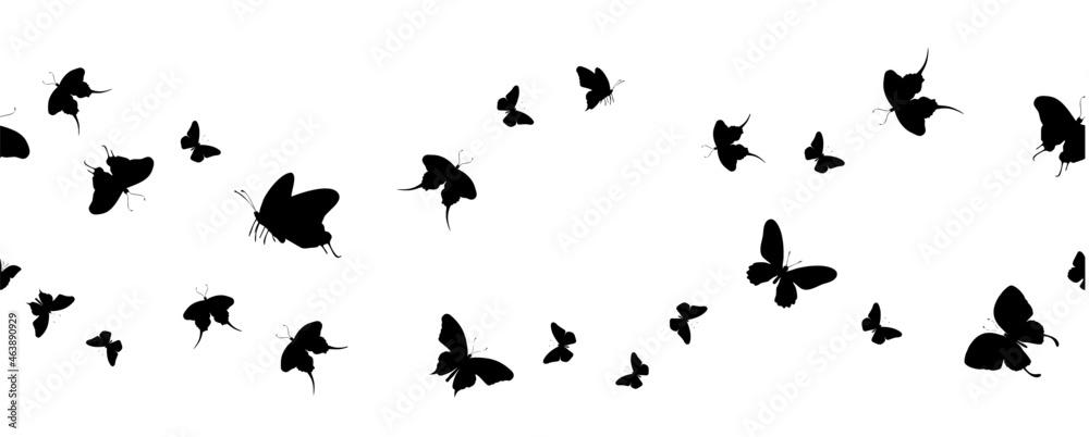 Seamless flock of silhouette black butterflies on white background. Vector Seamless flock of silhouette black butterflies on white background. Vector
