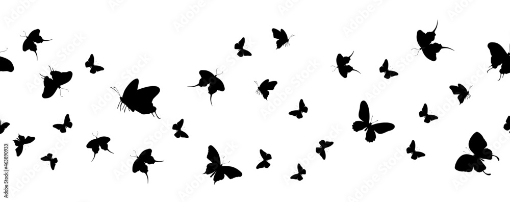 Seamless flock of silhouette black butterflies on white background. Vector Seamless flock of silhouette black butterflies on white background. Vector