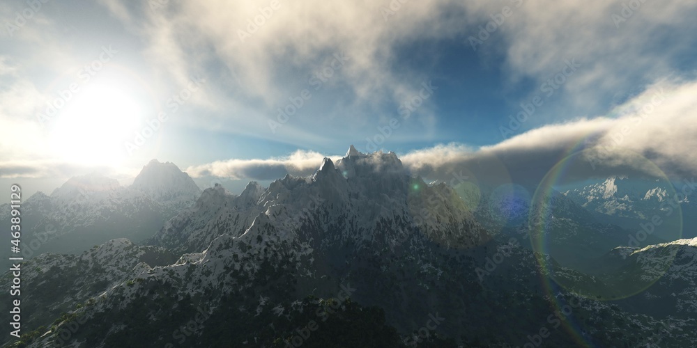 Snowy peaks at sunrise, sunset in the mountains, clouds and snowy mountains in the rays of the sun. , 3d rendering Snowy peaks at sunrise, sunset in the mountains, clouds and snowy mountains in the rays of the sun. , 3d rendering