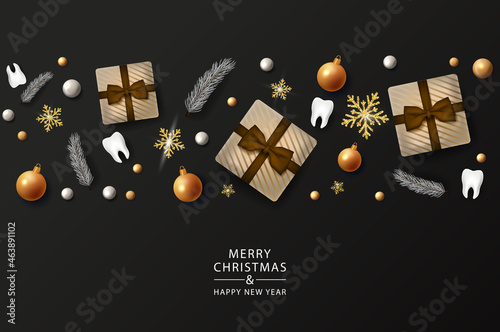 Christmas Dentist banner with 3d teeth on ribbon on black background. Merry Christmas dental poster. Happy new year. Vector