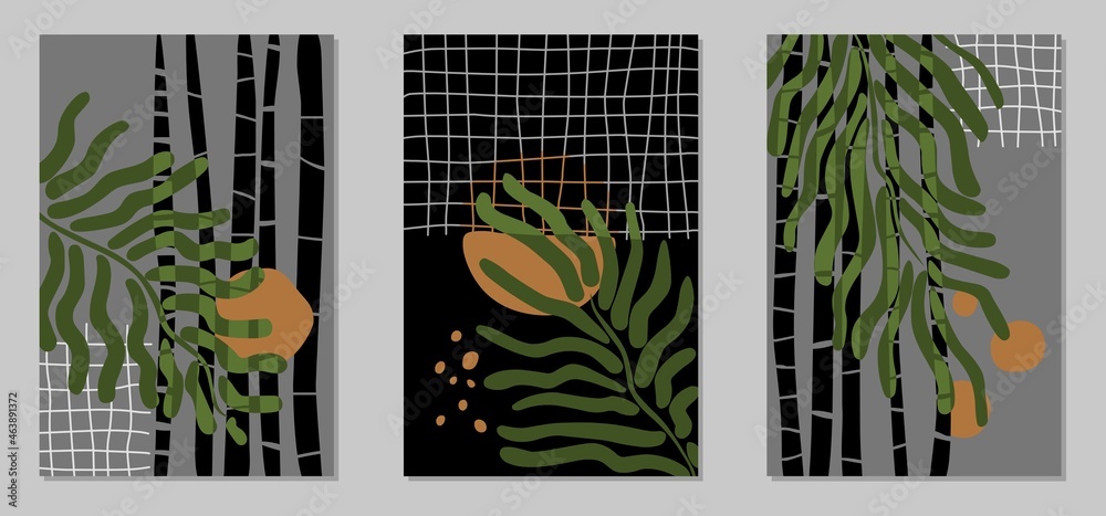Set of abstract posters of modern art on a gray and black background. Bamboo leaves and twigs. Linear art and spots. Vector backgrounds for print, cover and wall art.