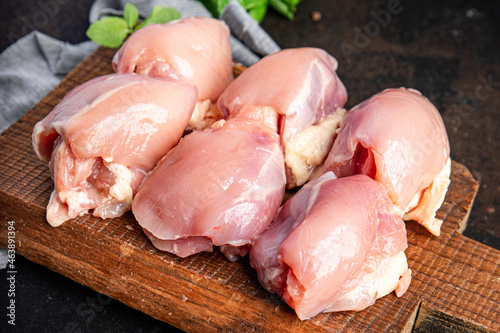 raw chicken or turkey skinless meat thigh boneless pulp poultry fresh meal snack on the table copy space food background rustic  photo