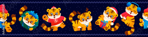 Seamless border of cute tigers  funny characters symbol Happy New Year  set characters illustration on dark blue background. Vector