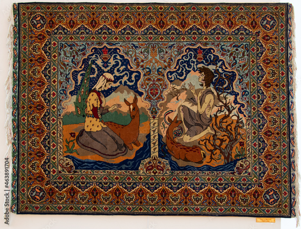 Layla and Majnun. Turkish miniature on the carpet.