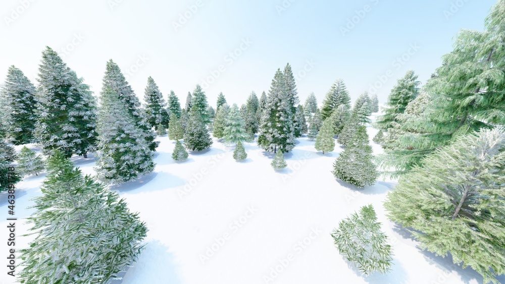 Winter background snowflakes falling down on fir-trees 3d rendering Winter background snowflakes falling down on fir-trees 3d rendering