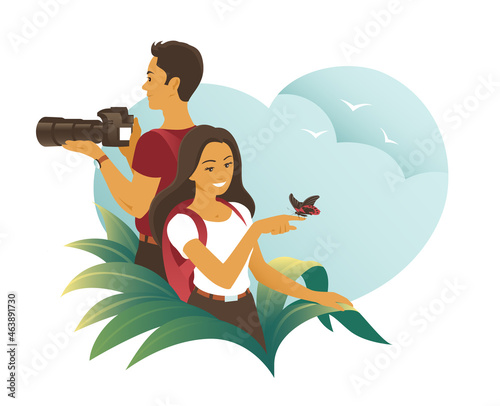 Young couple travel in the jungle. A man takes pictures with a camera. Girl admires a tropical butterfly. Vector cartoon illustration
