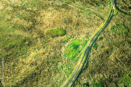 Green field with road tracks aerial view