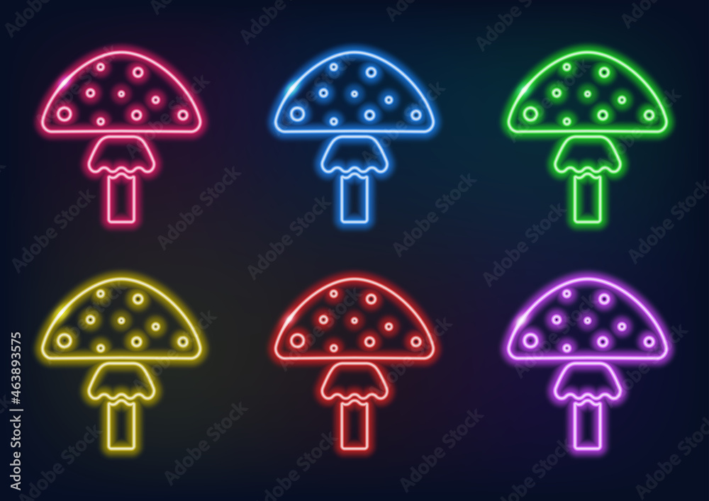 Neon frame. Set of neon mushrooms in different colors. Laser glowing lines on a black background. 