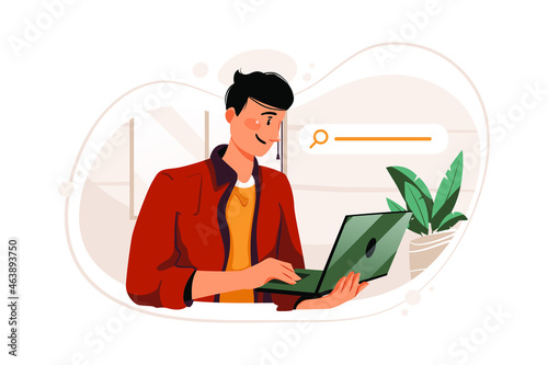 Guy surfing on internet and clicks on laptop mouse Illustration concept. Flat illustration isolated on white background.