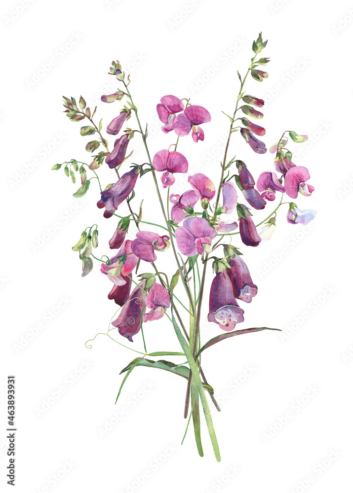 Watercolor bouquet wild flowers foxglove and pink flowers