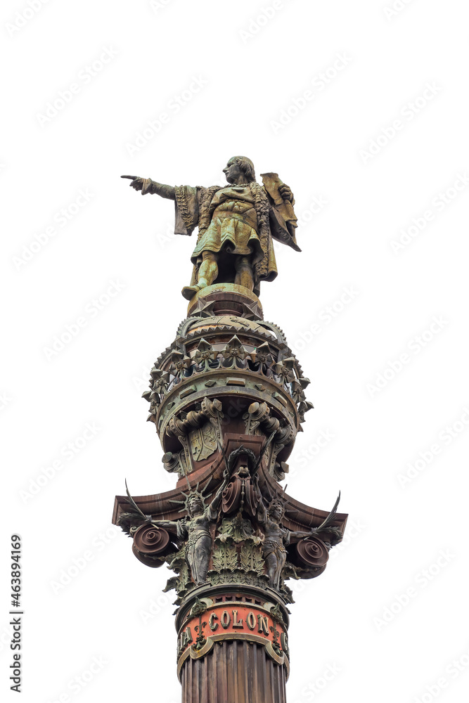 The monument of Christopher Columbus in Barcelona, is a 60 meters high column, It was put up for the universal exposition of 1888 in homage to the famous explorer. isolated on white background