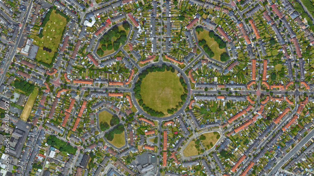 City of Dublin circular park and symmetrical green areas looking down aerial view from above – Bird’s eye view Dublin, Ireland