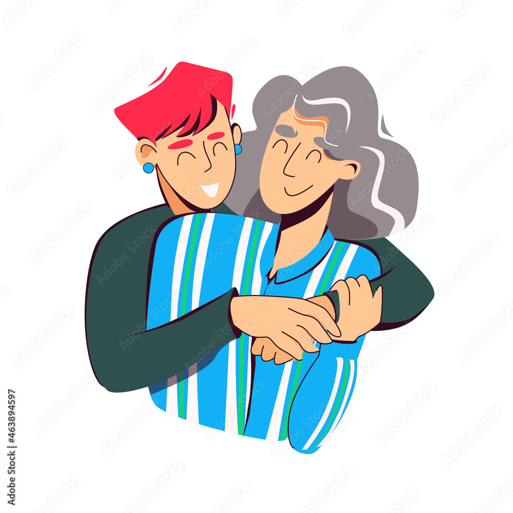 Mother and her adult daughter hugging and smiling face to face. Vector cartoon illustration isolated on white background. Mother and her adult daughter hugging and smiling face to face. Vector cartoon illustration isolated on white background.