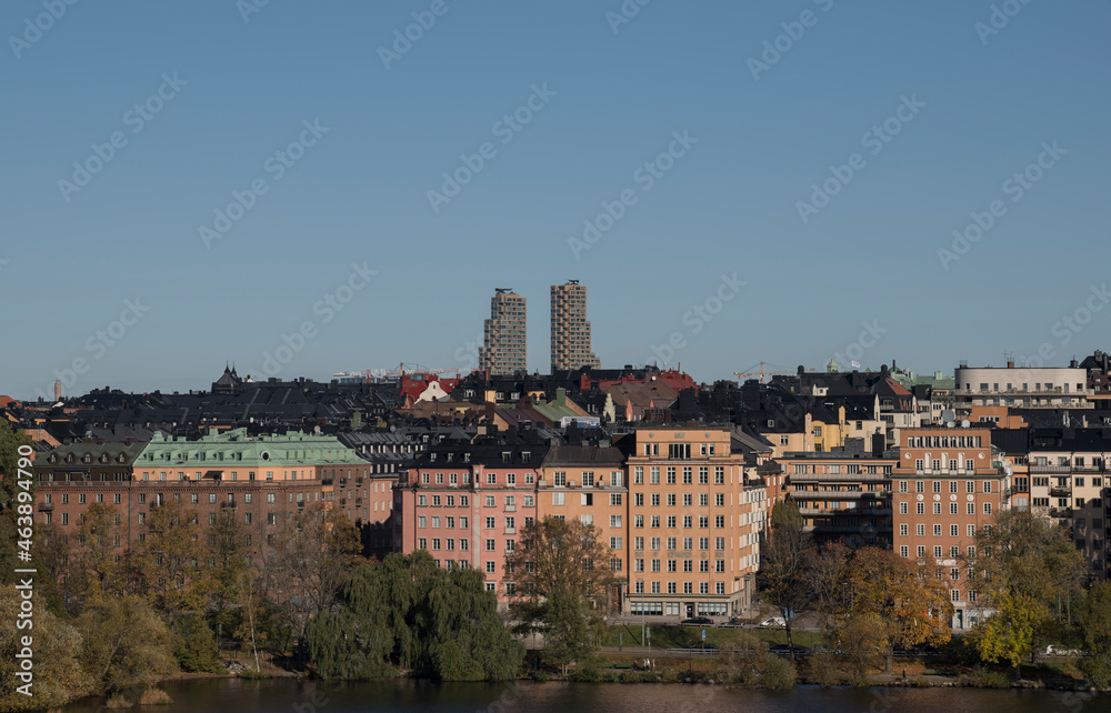 Apartment houses and tower buildings at the island Kungsholmen an colorful autumn day in Stockholm,