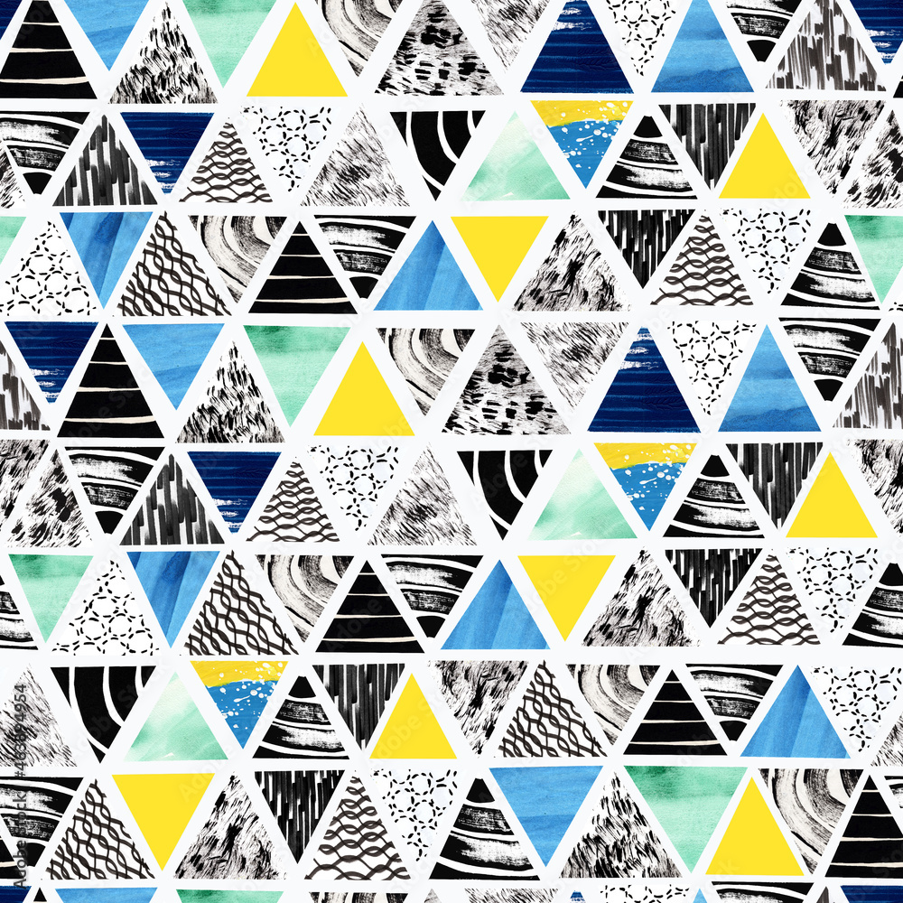 Fototapeta premium Collage seamless pattern, geometric triangle background, holiday backdrop