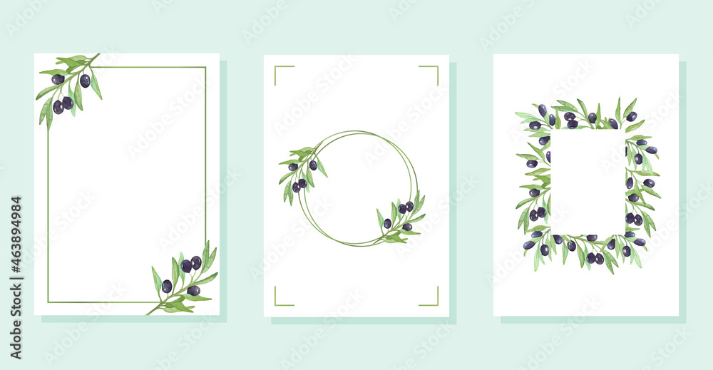 Frames with olive branches. Watercolor olive branches. Templates for photo, text, design, social media. Vector illustration.