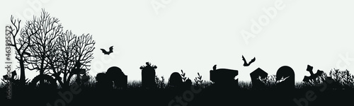 Black silhouette of cemetery elements with gravestones and crosses. Panorama of a cemetery with monsters. Vector illustration. EPS10