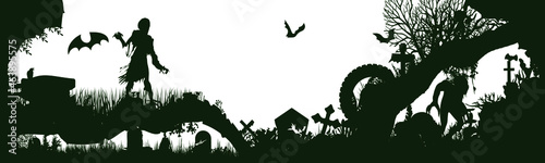 Black silhouette of cemetery elements with gravestones and crosses. Panorama of a cemetery with monsters. Vector illustration. EPS10