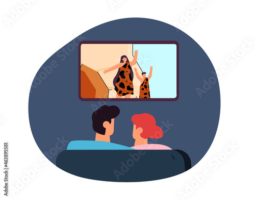 Couple watching tv flat vector illustration. Young man and woman watching movie about ancient humans. History, movies, films, geography, documentary concept for banner, website design or landing page
