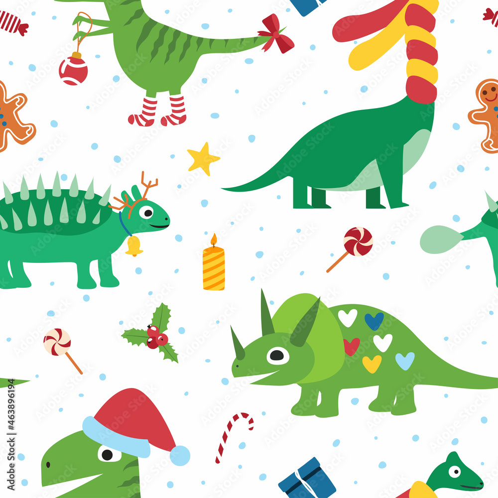 Fototapeta premium Christmas funny dinosaurs, seamless pattern.