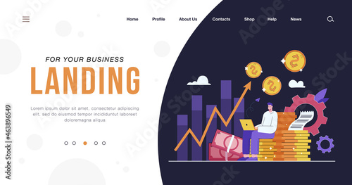 Cartoon metaphor of investment profits vector illustration. Employee, investor or businessman working on computer, making investing plans and getting dividends, capital growth. Business, money concept