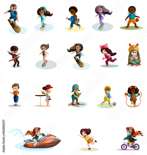 Vector image of a collection of stylized characters with versatile activities. Cartoon style. Isolated over white background. EPS 10 photo