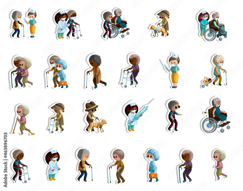 Fototapeta premium Vector image of stickers of old people who take care of their appearance and health. Medic. Cartoon style. EPS 10